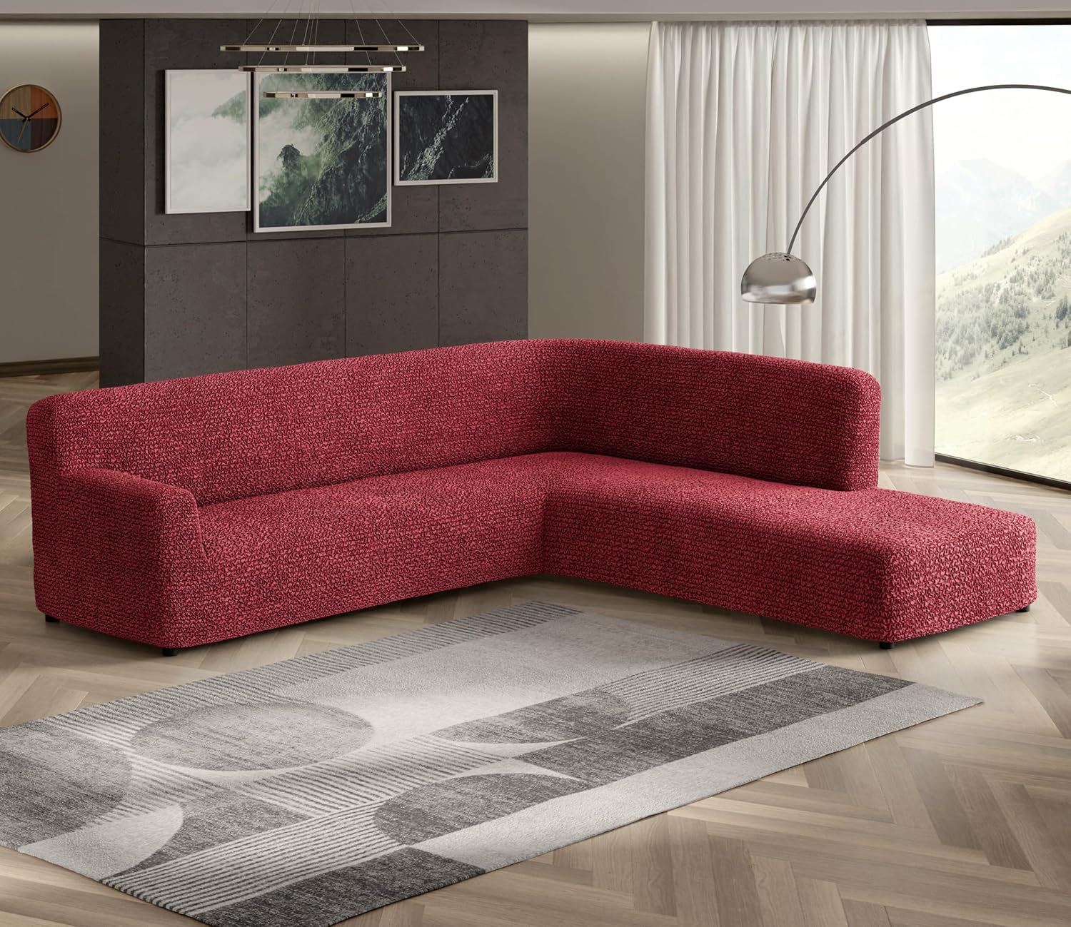 PAULATO BY GA.I.CO. Stretch Sectional Sofa Slipcovers 1-Piece Non-Slip – Elastic L Shape Couch Cover – Soft Furniture Protector Washable – Burgundy (Right-Facing Bumper 120"-195" Wide)