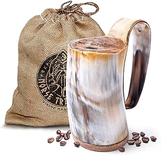 Tasse à Café en Corne - Corne de Bœuf Artisanale 350 ml avec Base en Bois dur - Double Fermeture Pour Liquides Chauds - Chope à Café à Large Bouche