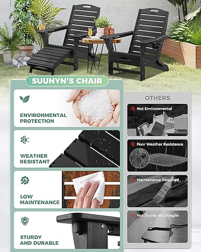 Vista 6 de Silla plegable Adirondack con otomana retráctil, resistente a la intemperie, silla de patio con 2 portavasos, silla de jardín al aire libre (negro)