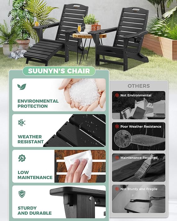 Adjustable Adirondack Chairs Set of 2 with Retractable Ottoman, HDPE Folding Adirondack Chair with 2 Cup Holders, Weather Resistant for Backyard, Poolside & Fire Pit (Black)