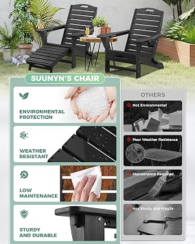 Adjustable Adirondack Chairs Set of 2 with Retractable Ottoman, HDPE Folding Adirondack Chair with 2 Cup Holders, Weather Resistant for Backyard, Poolside & Fire Pit (Black)