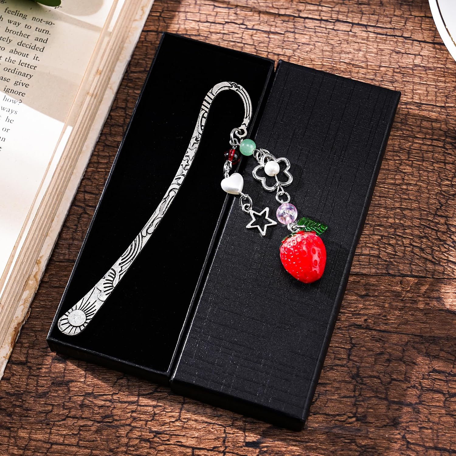 Unique Strawberry Bookmark Gift - Charm Pink Aesthetic Page Mark Cute Silver Chain Pendant Tassel Metal Bookmarks Reading Women Girl Friends Book Club Reader Birthday Valentines Retirement image 5
