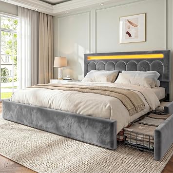 Velvet Upholstered King Bed Frame with 4 Storage Drawers, Grey