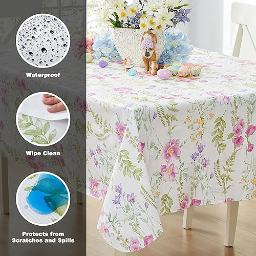Miniatura 3 de Newbridge Mantel de vinilo con parte trasera de franela de vinilo floral de campos de flores silvestres de Pascua, mantel de vinilo de fácil cuidado