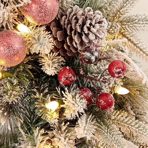 Miniatura 2 de Corona de Navidad de nieve preiluminada con bolas rojas, bayas y lazos, 24 pulgadas, 50 luces LED a pilas, decoración navideña para puerta delantera