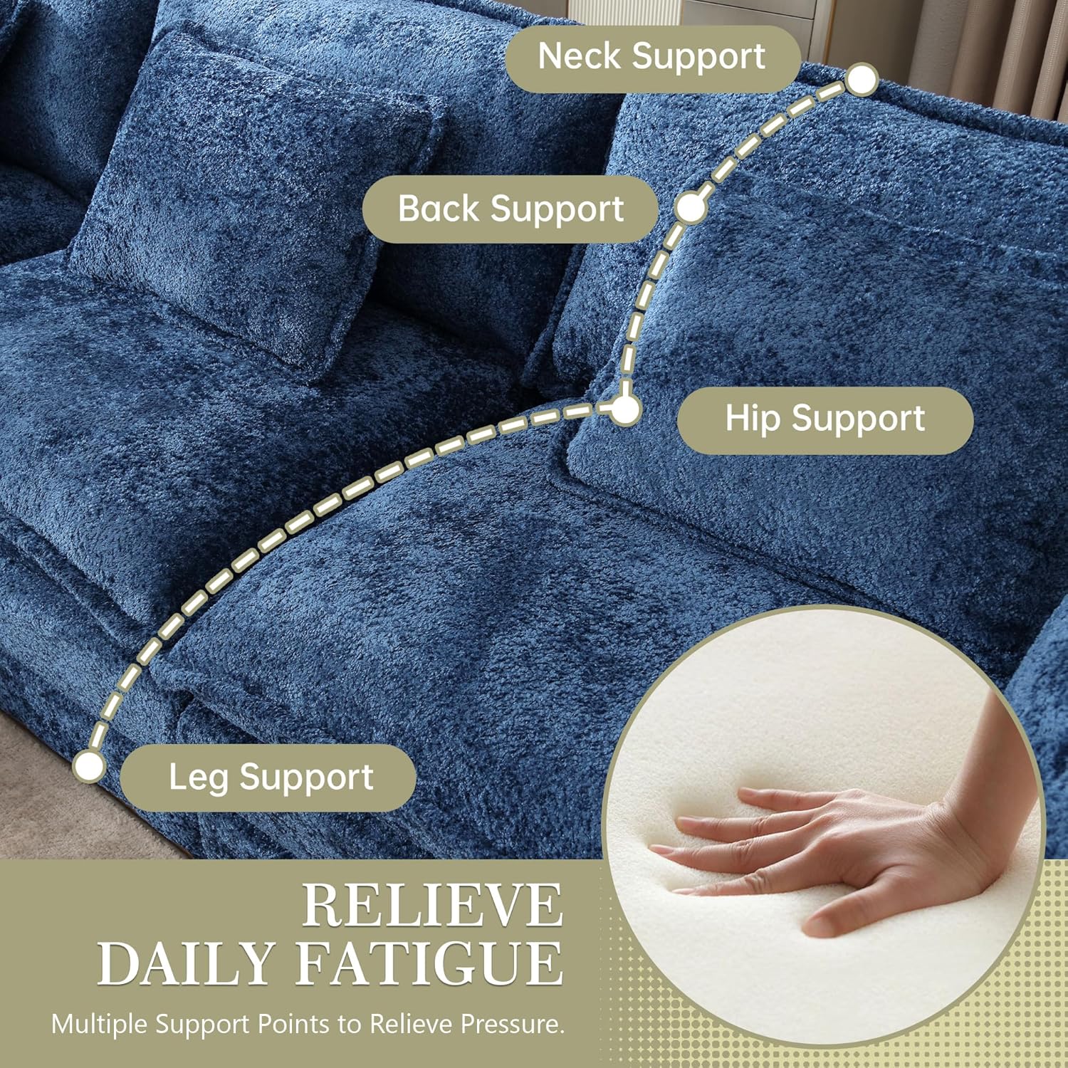 Modular Sectional Sofa Cloud Couch, 112" L-Shape Sofa Chenille Comfy Upholstered with Removeable Ottoman and 3 Pillows for Living Room, Navy