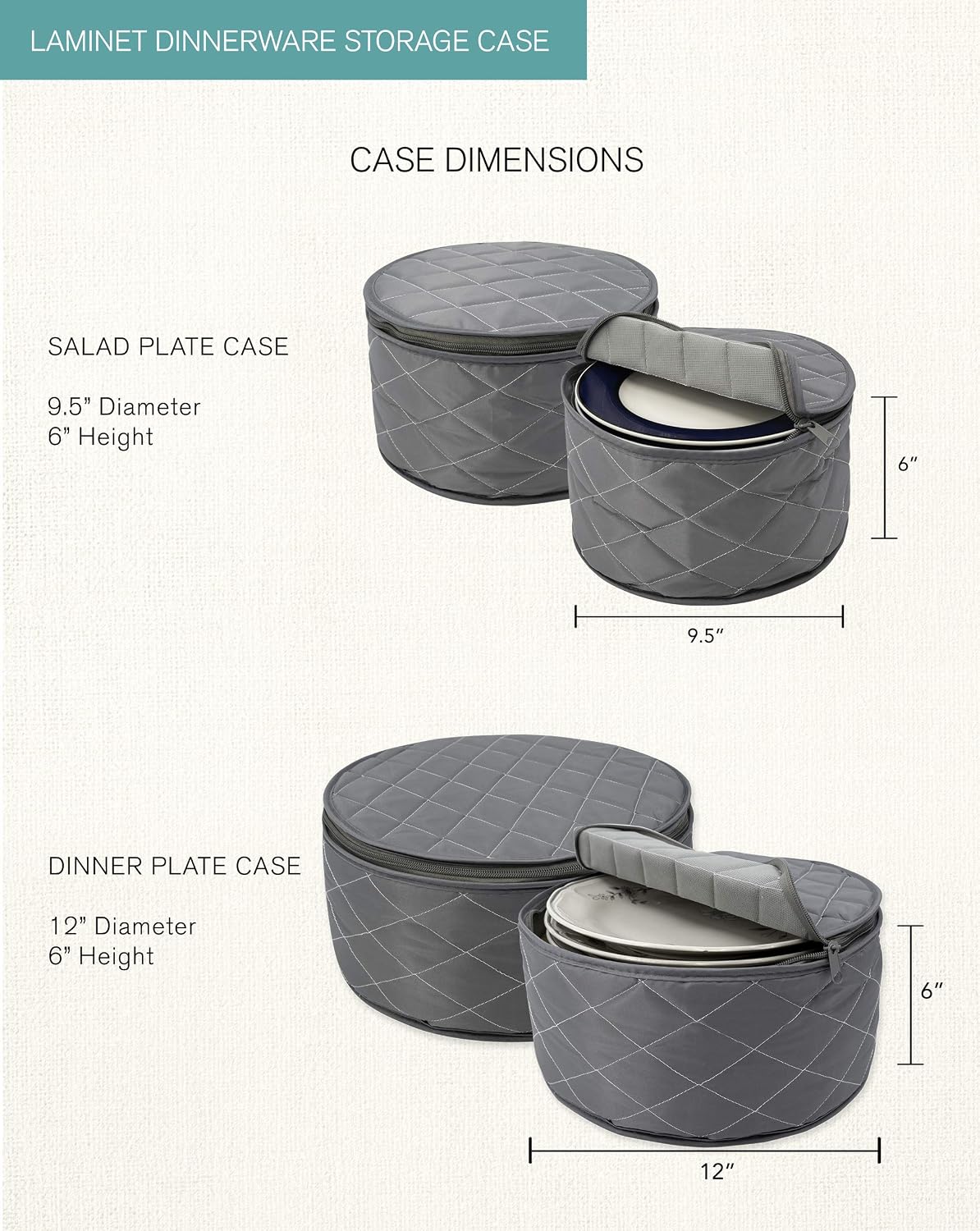 LAMINET 4 Piece Quilted Plate Storage Set - Holds Up to 48 Plates with Felt Divider Inserts - GREY