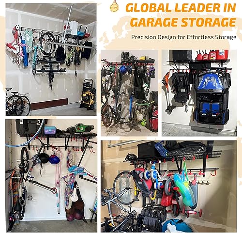 Vista 7 de PLKOW Estantería de pared de garaje incluye ganchos para bicicleta, estantería de garaje ajustable y resistente para montaje en pared
