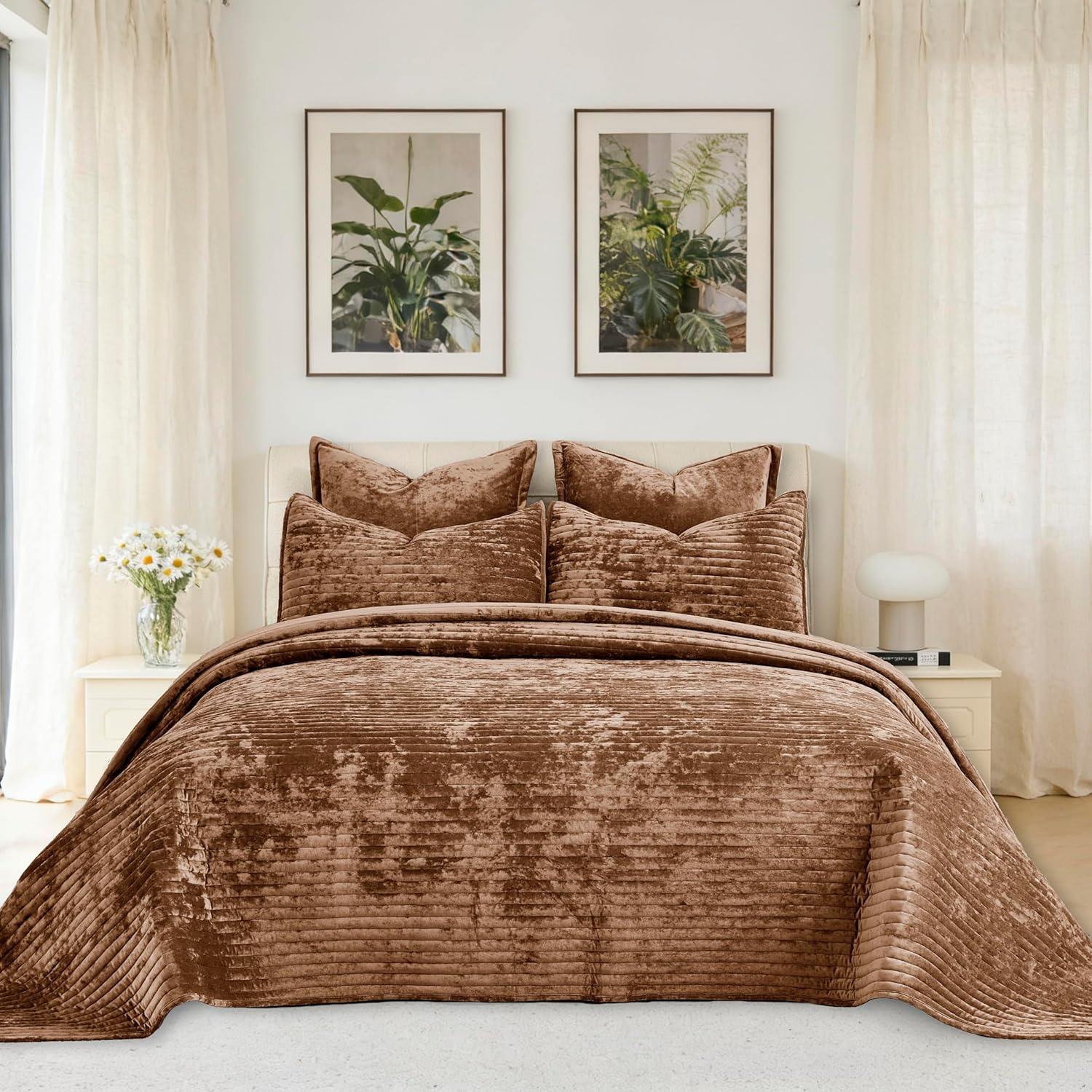 Velvet Quilt Set Oversized King Size 3 Piece Bedding Set 120x128 Bedspread with 2 Pillow Shams Luxurious Soft Striped Quilted Coverlet for All Seasons,Caramel