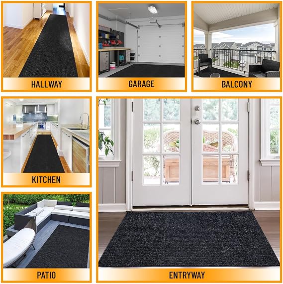 Ottomanson Non Slip Rug with Scraper Pile Durable for Indoor and Outdoor Use 2'7 x 9'10 Hallway Runner Mat - Ideal for Kitchen, Entryway, Patio & Garage - High-Traffic Carpet, Black