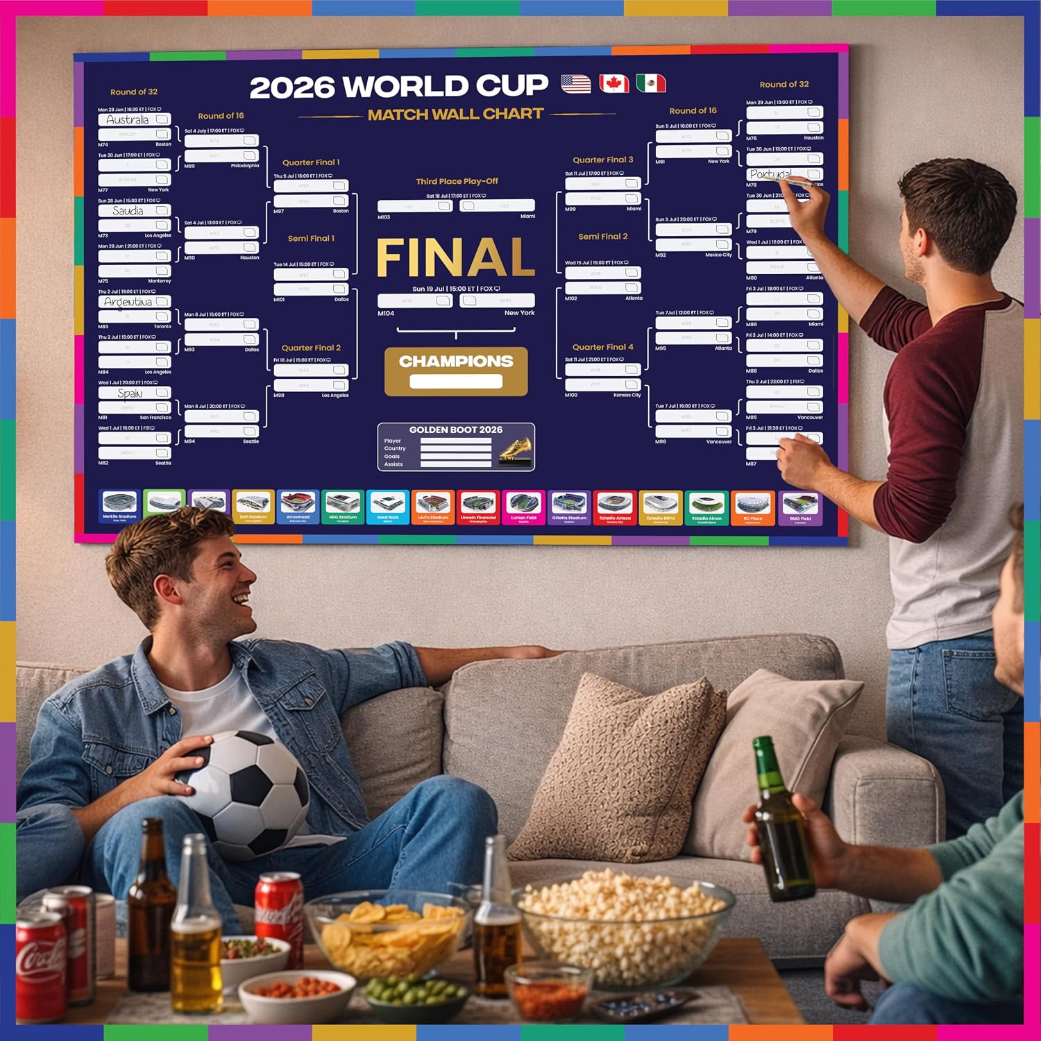 2026 World Cup Bracket Poster 2026 | A1 Size 2026 World Cup Soccer Poster with US Kick Off Times, Fixtures, Stadiums & Host Cities | World Cup Wall Chart