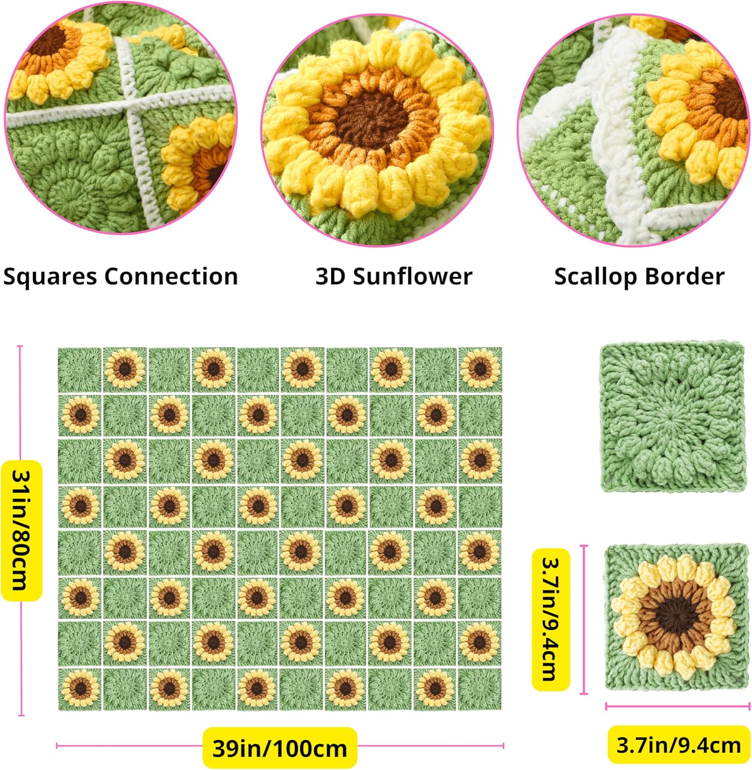 CSWCS Crochet Blanket Kit for Beginners, Sunflower Granny Square Crochet Blanket Kit for Adults, Easy Learn How to Knitting with Yarn Accessories Book & Video Tutorials for Starter (39" x 31")