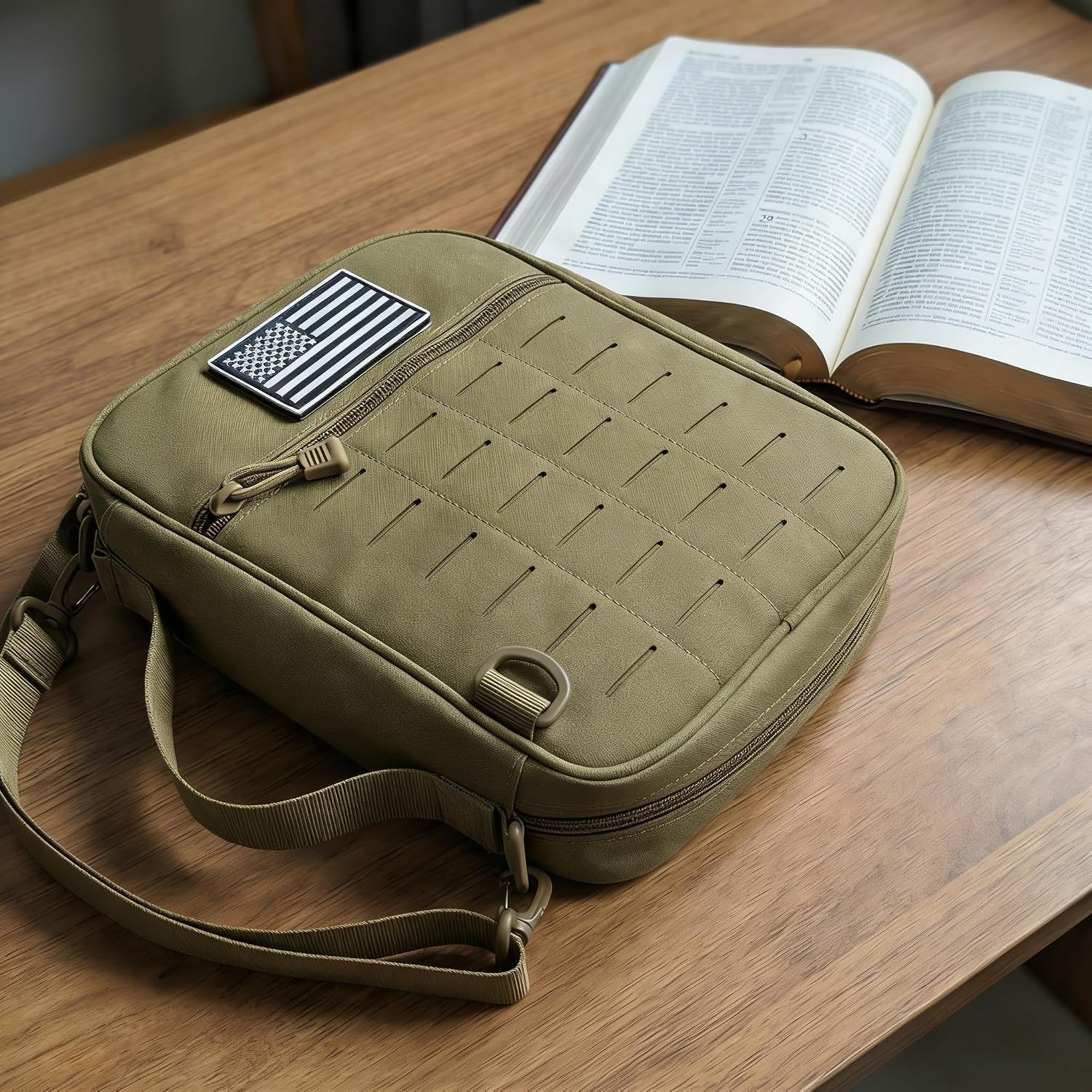 Tactical Bible Cover for Men, Large Bible Case with Shoulder Strap & US Flag Patch, Water Resistant Bible Carrier Bag with Handle, Multi Pockets for Church Study & Travel（Brown）