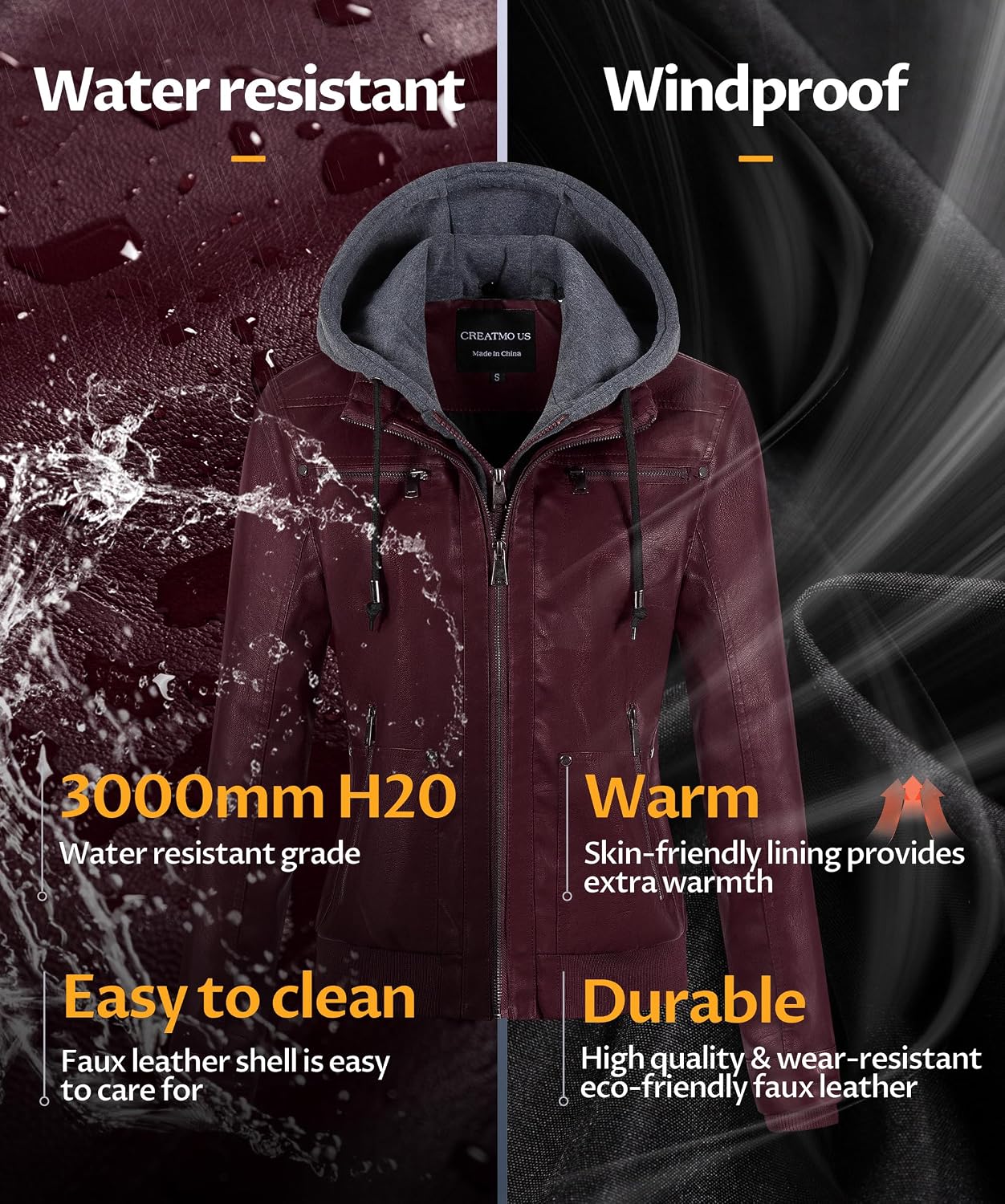 CREATMO US Women's Faux Leather Jacket Waterproof Motorcycle Bomber Jacket Vintage PU Moto Biker Coat With Removable Hood image 5