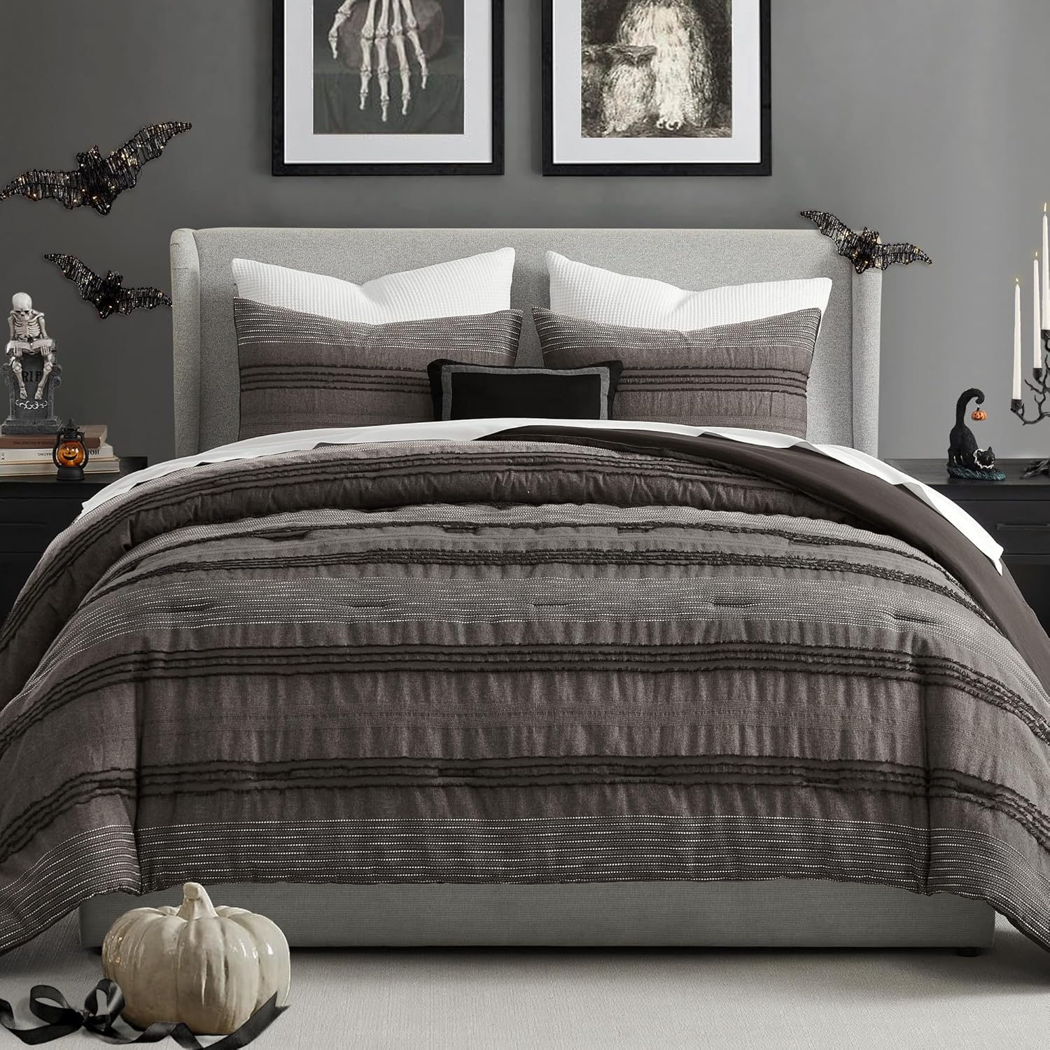 Wonderful Dark Grey Comforter Set King Size, Yarn Dyed Farmhouse Striped Cotton Lightweight Boho Comforter with Pillow Shams, Halloween Bedding, Fluffy Bedding Set for All Season