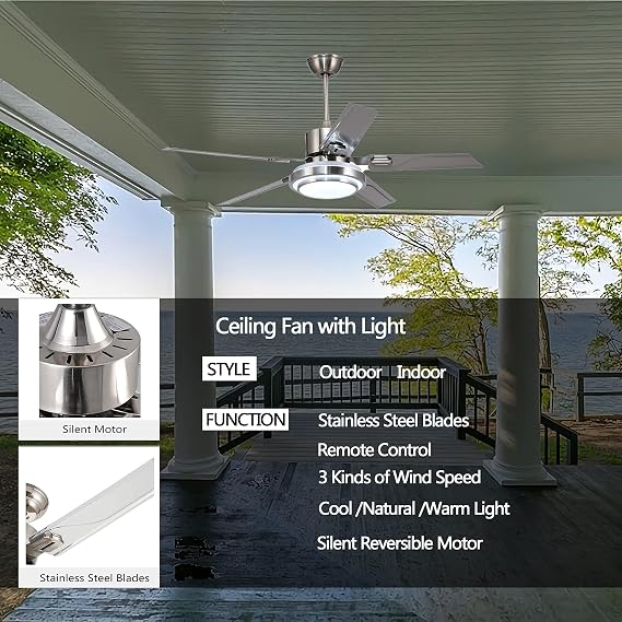 52 inch Outdoor Ceiling Fan Light with Remote Control | Ceiling Fan with 5 Reversible Stainless Steel Blades, with LED Light for Pavilion,Warehouse Farm Fan Barn Fan