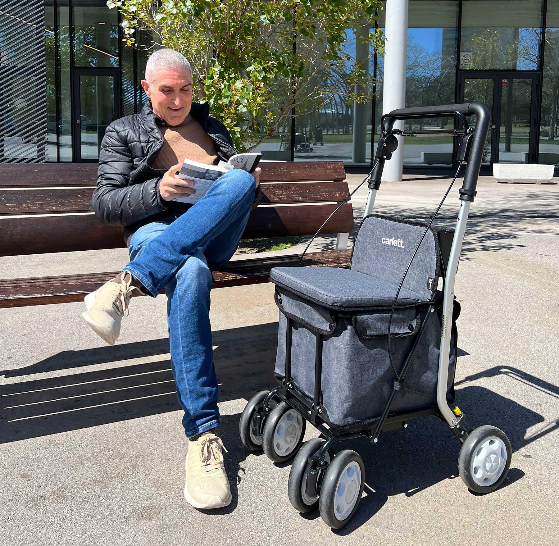 Carlett Rollator und Einkaufstrolley mit Sitz, EU-Medizinprodukt, höhenverstellbarer Griff, Doppelfeststellbremse, Räder in 3 Positionen, leicht und kompakt – Comfort Move, Schwarz