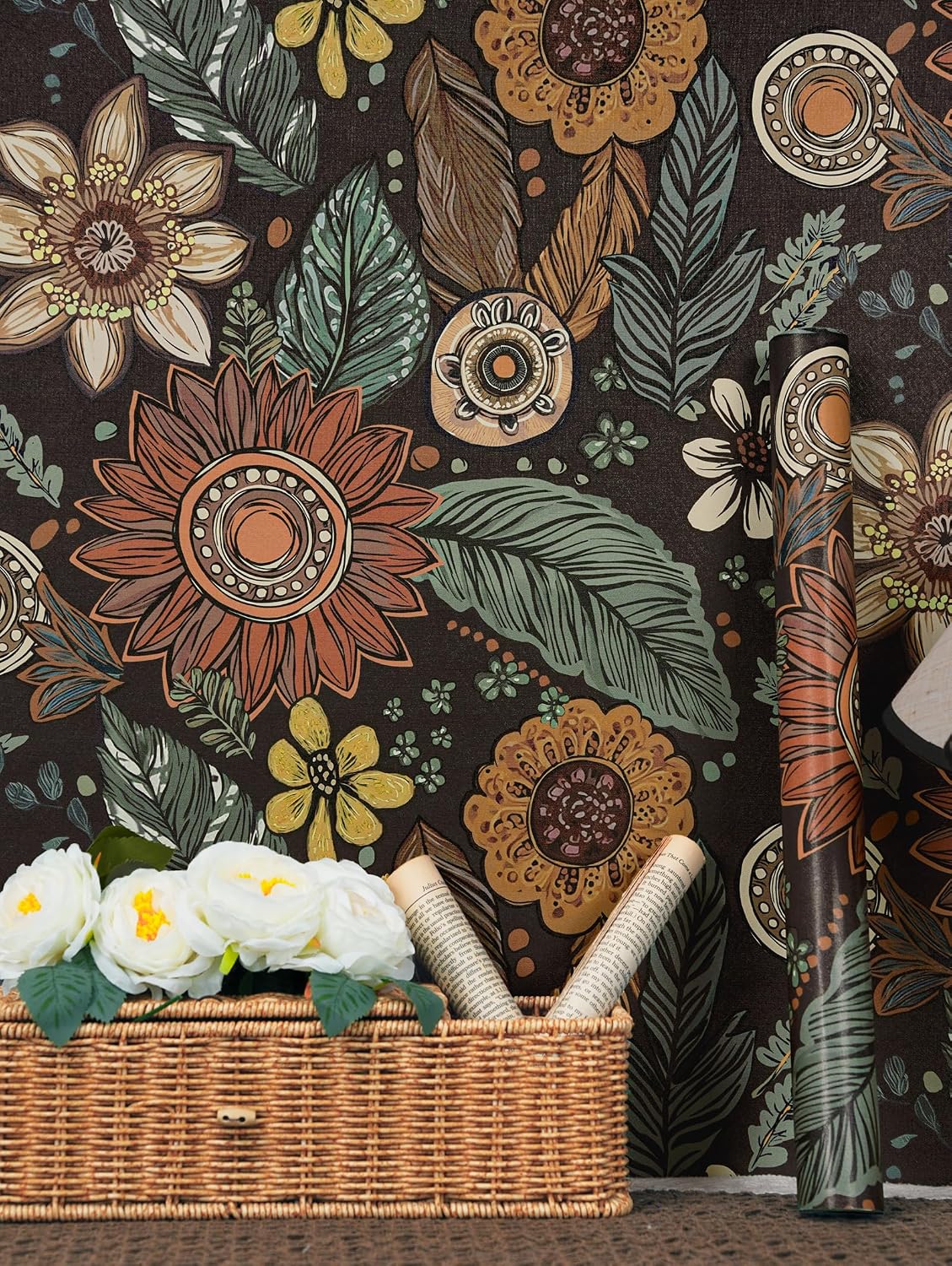 Safiyya Boho Peel and Stick Wallpaper Vintage Floral Contact Paper Brown/Black/Green Dark Botanical Flowers Wall Paper Modern Self Adhesive Removable Wallpaper for Bathroom Vinyl Roll 78.7"x17.3"