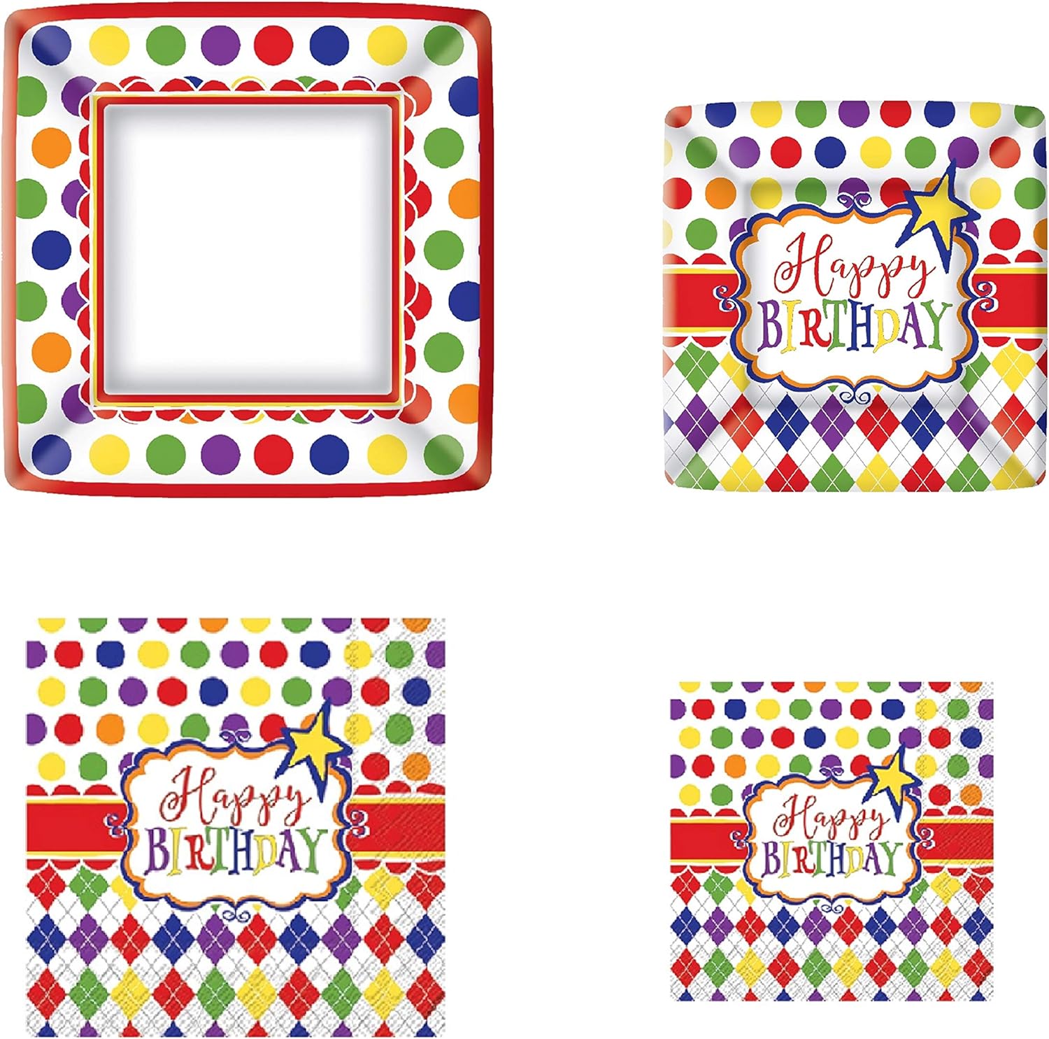 Square Birthday Paper Plates and Napkins Set Large and