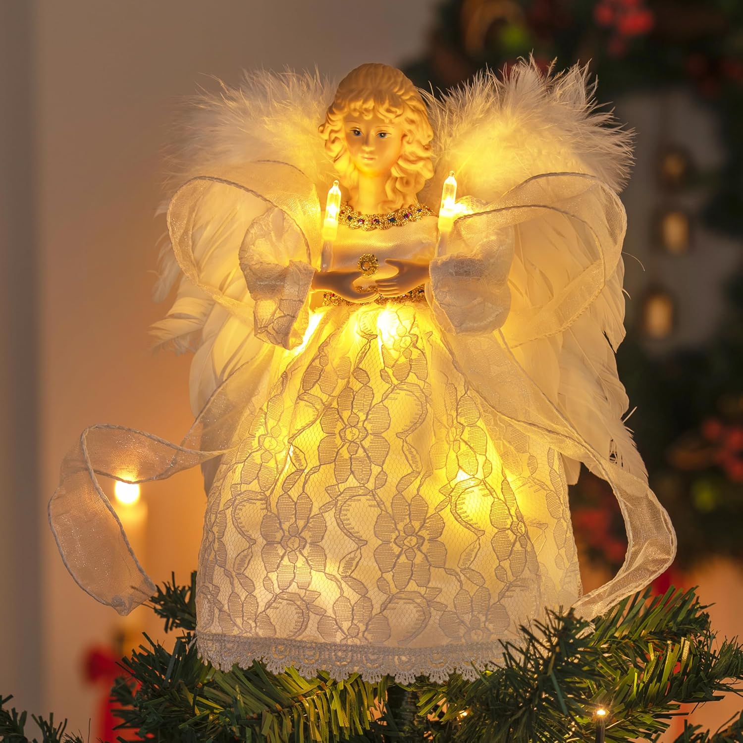 JOYIN 9'' Angel Christmas Tree Topper with Lights, Battery Operated Lightweight White Angel Treetop, Illuminated Ornament for Christmas Tree Decorations, Family, Indoor Home & Xmas Party Decorations - Image 6
