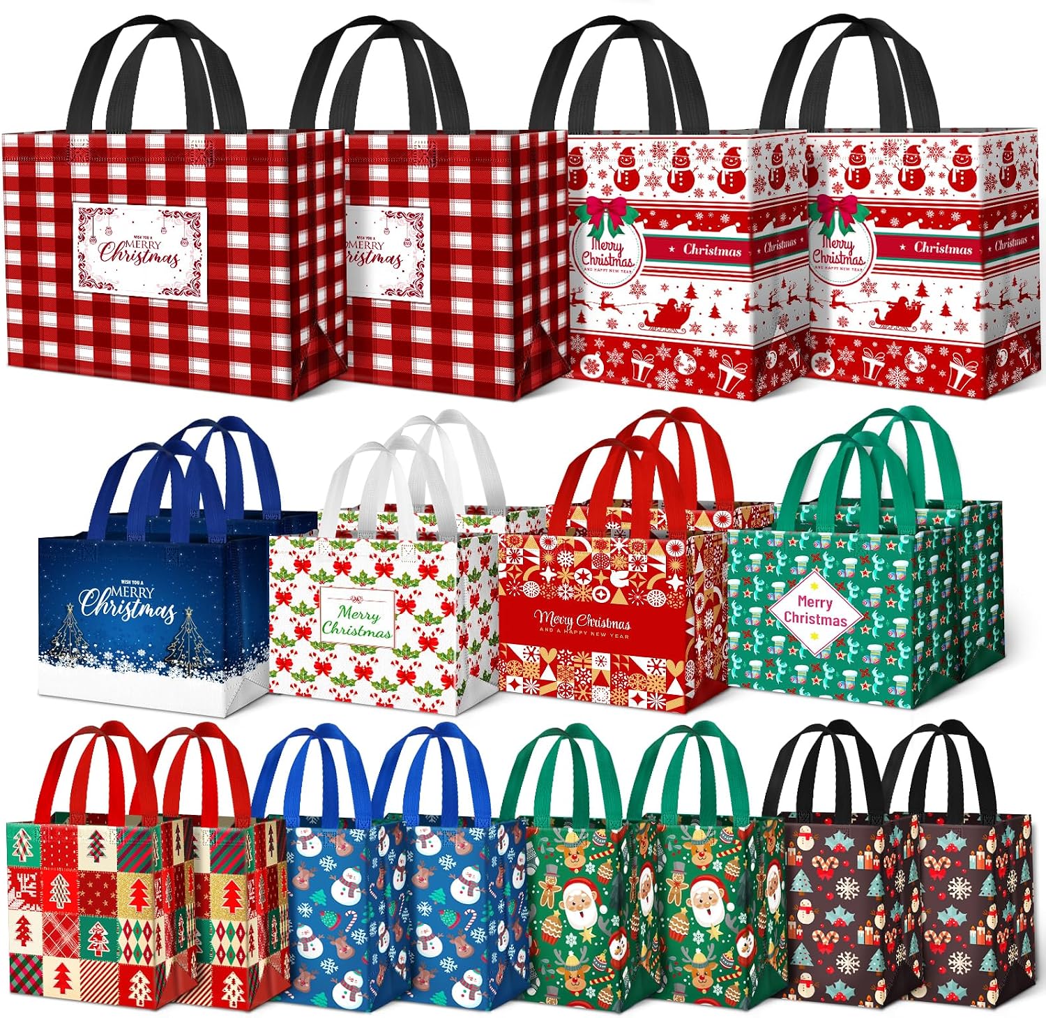 BlessedSeason 20 Pack Christmas Gift Bags Assorted Sizes, Reusable Tote Bag with Handle, Includes 4 Large 8 Medium 8 Small Goodie Bags for Her He