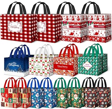 BlessedSeason 20 Pack Christmas Gift Bags Assorted Sizes, Reusable Tote Bag with Handle, Includes 4 Large 8 Medium 8 Small Goodie Bags for Her He