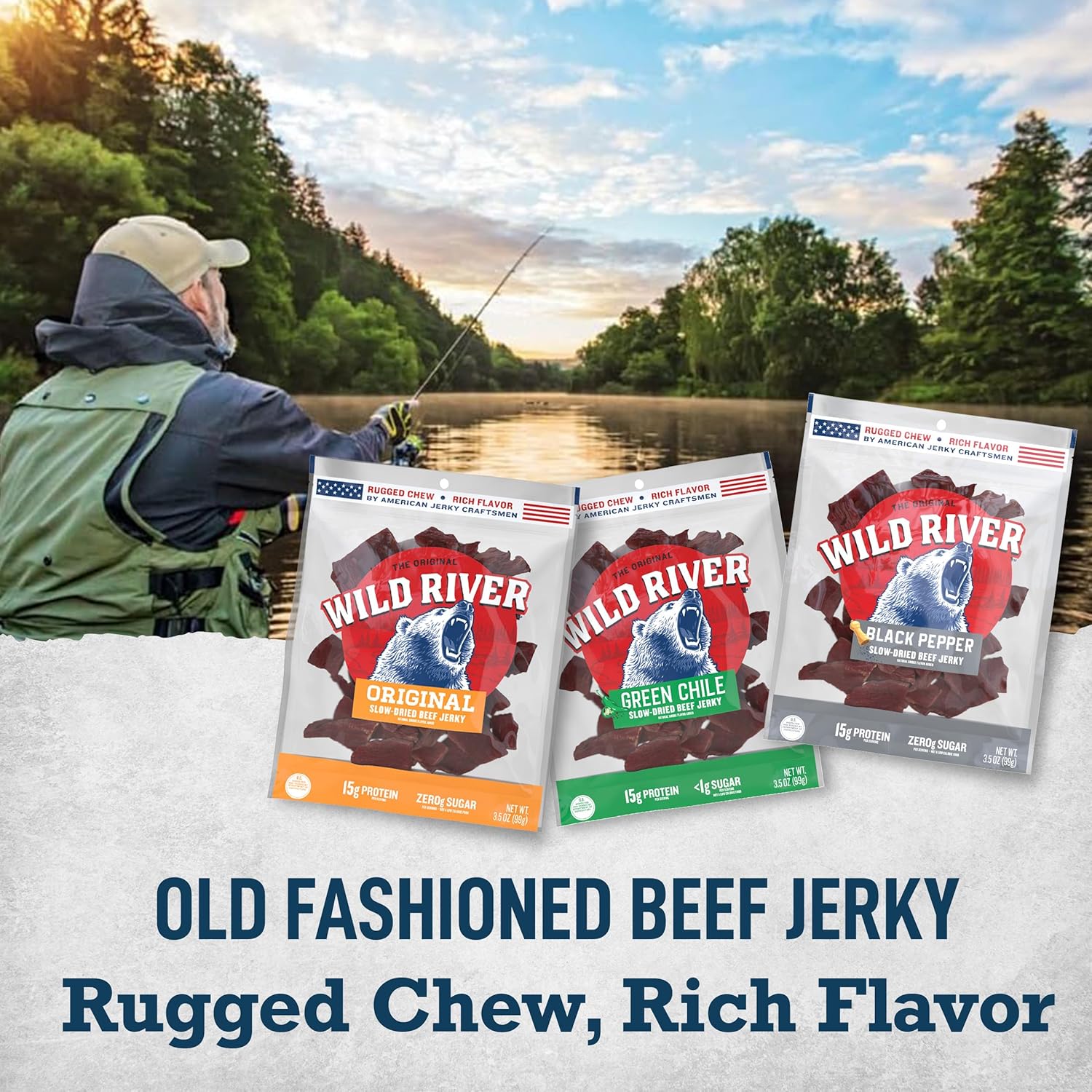 Wild River Beef Jerky Variety Pack, Old Fashioned 100% Beef Jerky, Gluten Free - 2 Green Chile, Black Pepper, Original - Perfect Hunting Trip Meat Snack with 15g of Protein, 3.5 Ounce (Pack of 4)