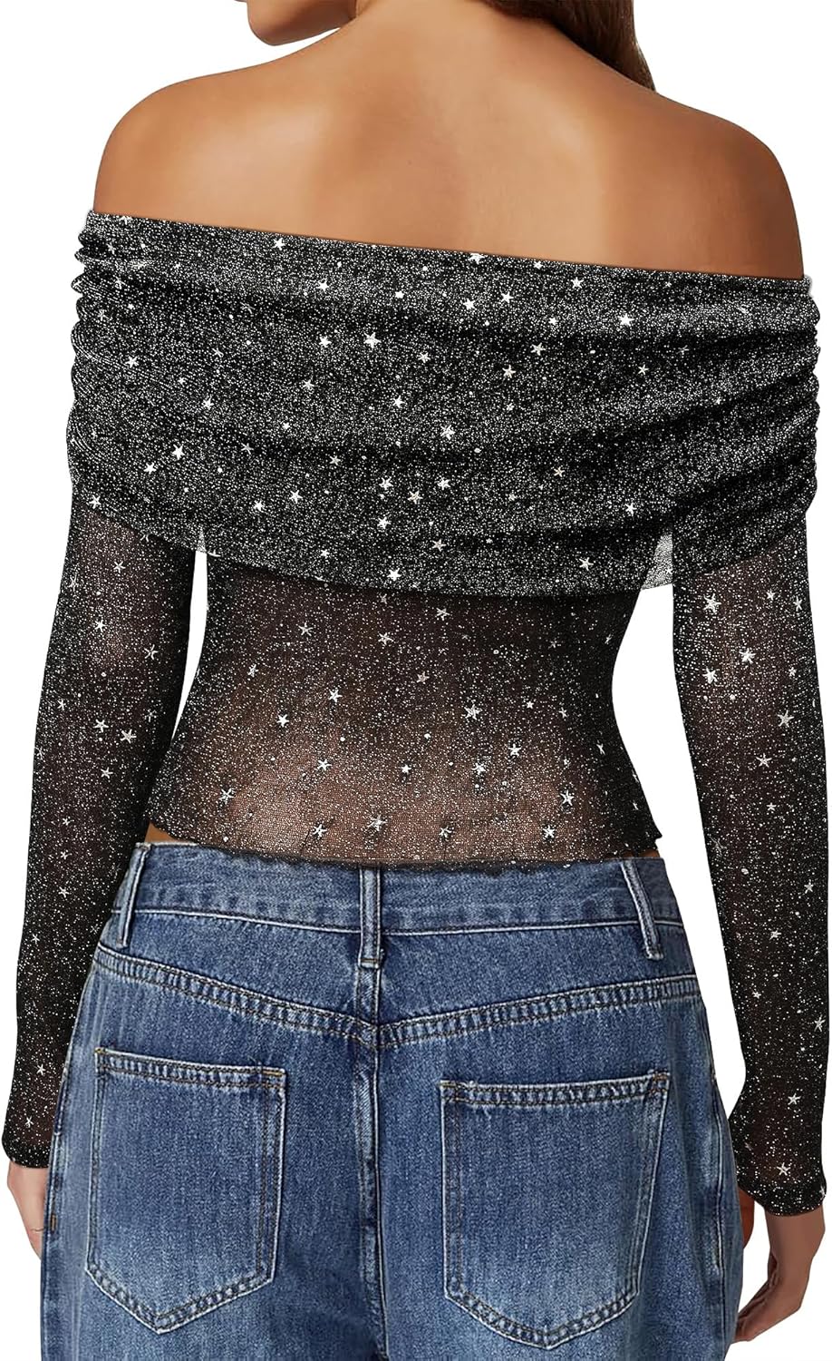 Women Sparkly Off The Shoulder Sheer Mesh Tops Glitter See Through Long Sleeve Foldover Top Party Concert Outfits - Image 6