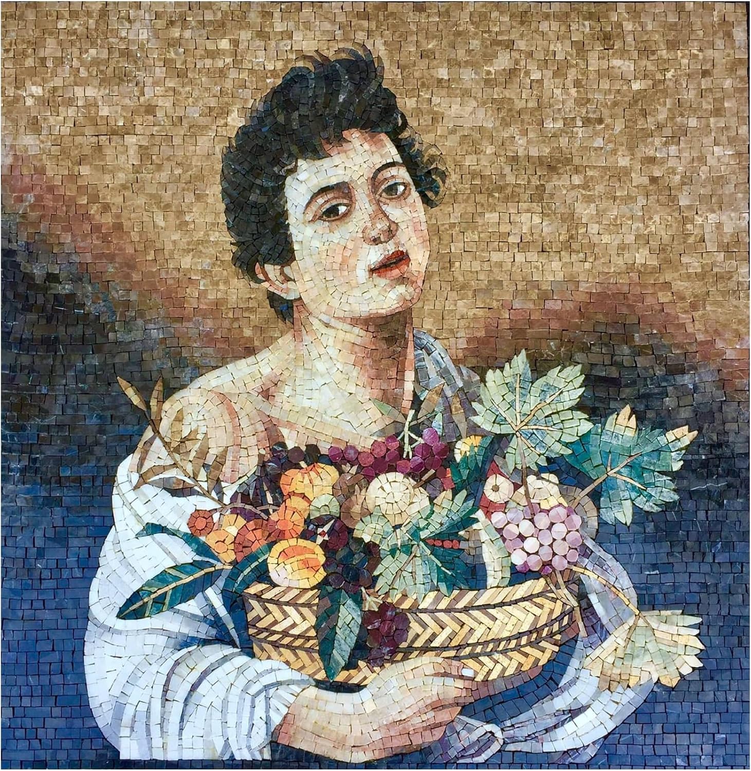 Handmade Boy with a Basket of Fruit Glass Mosaic Wall Art – Hand-Cut Classical Portrait Tile Mosaic Tile Artwork for Elegant Interior Décor