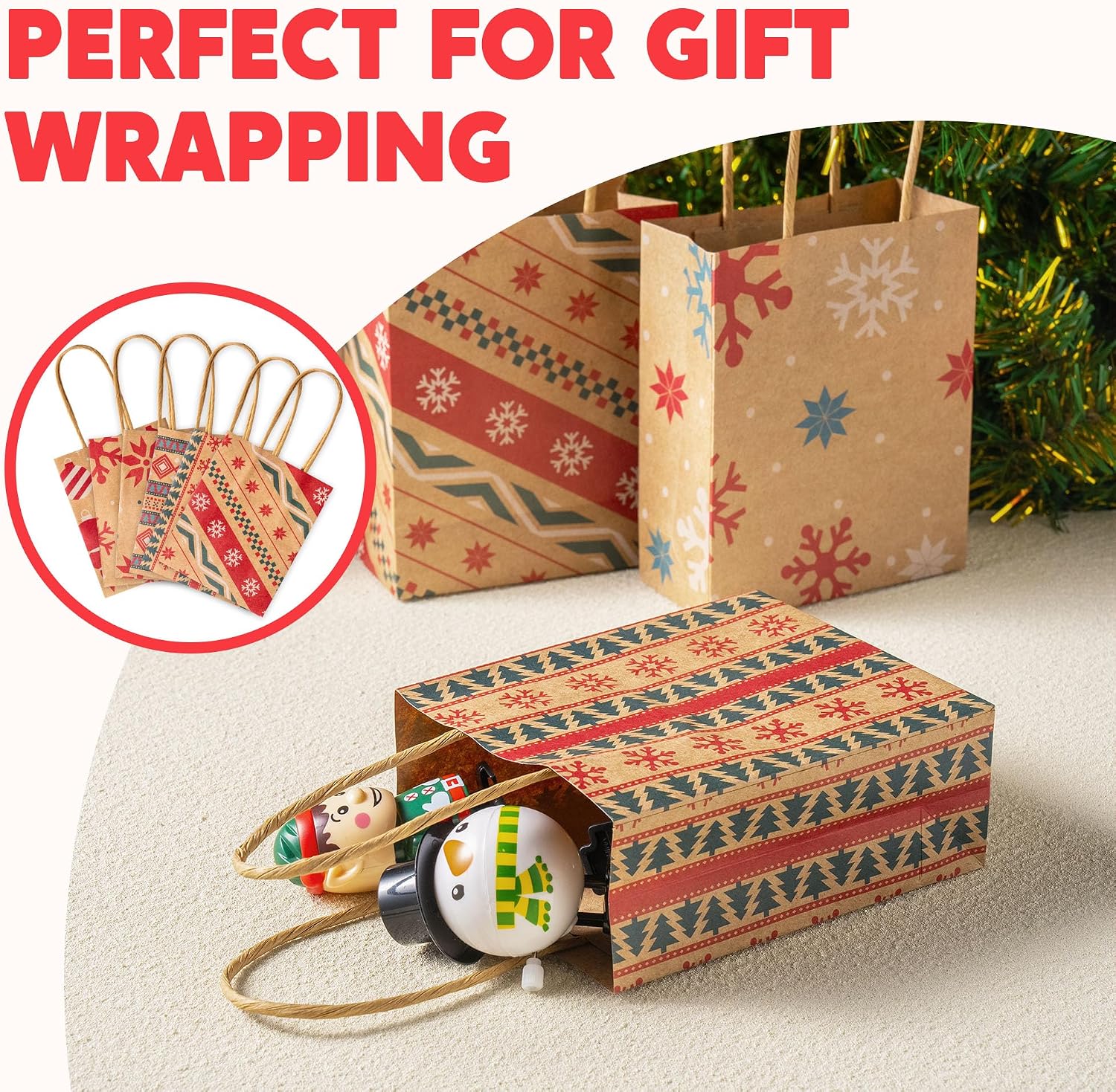 JOYIN 24 PCS Christmas Kraft Gift Bags with Handles, Reusable Xmas Paper Goody Wrap Craft Bags for Holiday Presents, Giant Gifts Decorations, Party Favors and Decor Supplies (5.25 x 4.25 x 2)