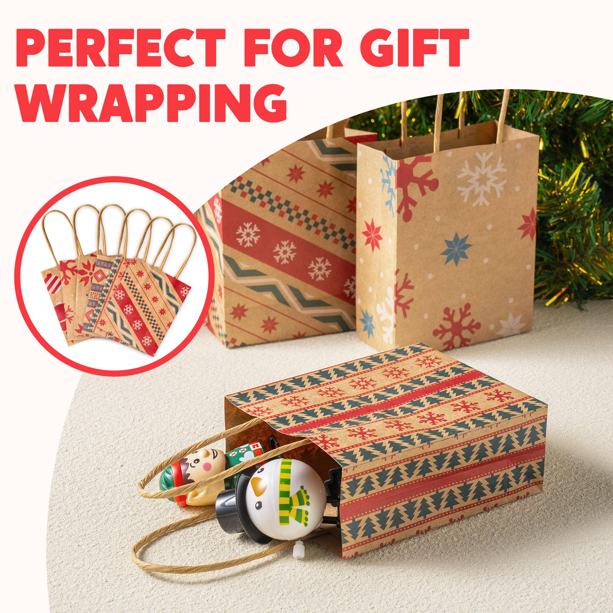 JOYIN 24 sacchetti regalo natalizi in carta kraft con manici, riutilizzabili, per regali di festa, decorazioni giganti, bomboniere e forniture decorative (13,2 x 10,25 x 2)