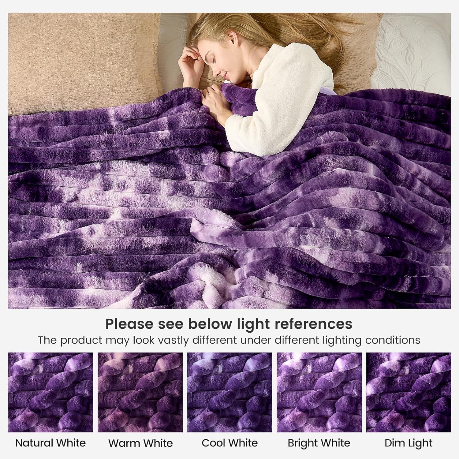 Cozy Bliss Faux Fur Throw Blanket for Couch, Cozy Warm Plush Striped Blanket for Sofa Bedroom Living Room, 50 * 60 Inches Tie-dye Purple - Image 9
