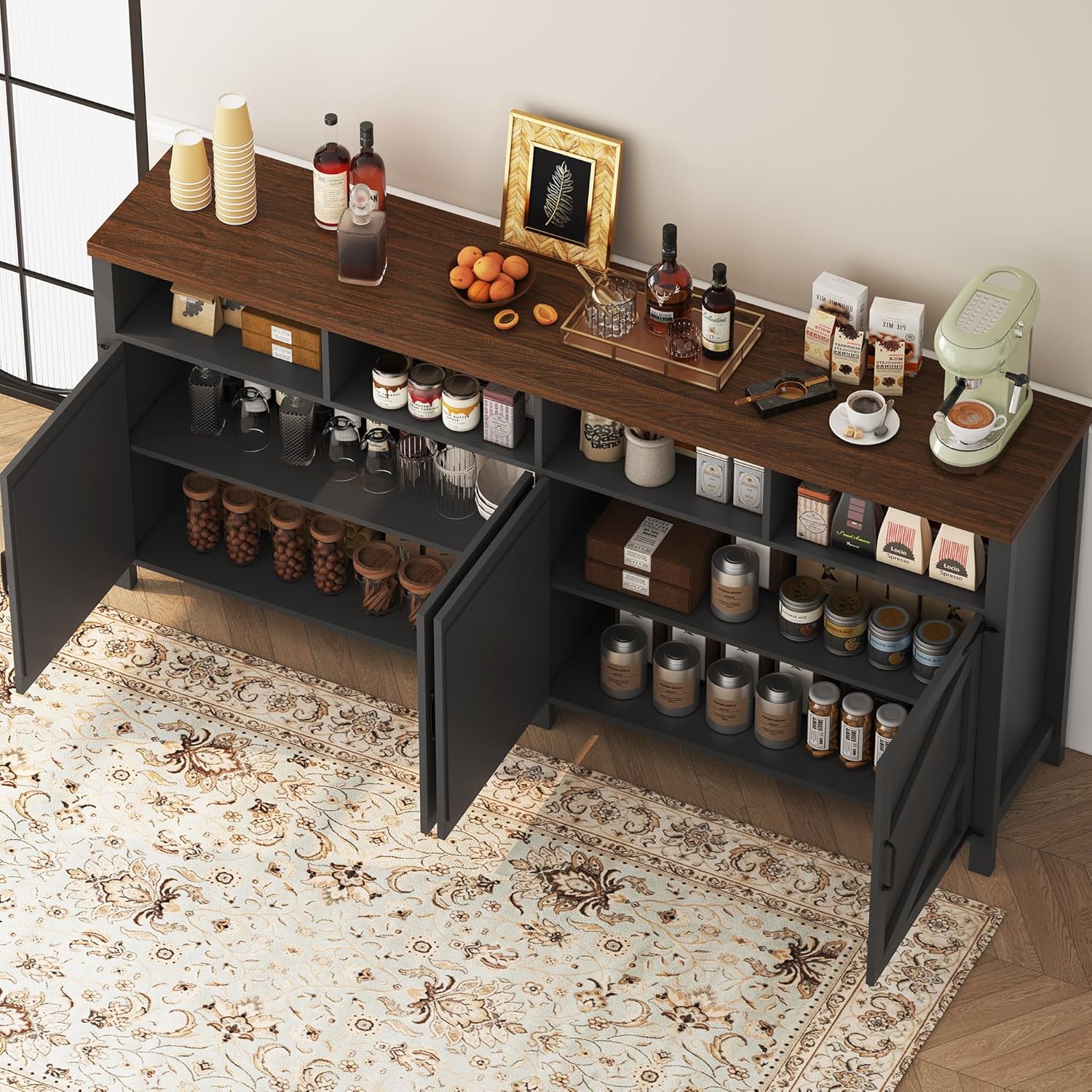 knoworld 63'' Buffet Sideboard with Storage Farmhouse with 4 Doors, Large Kitchen Storage Cabinet Wood Coffee Bar Cabinet Buffet Table with Shelves for Kitchen, Dining Room, Entryway