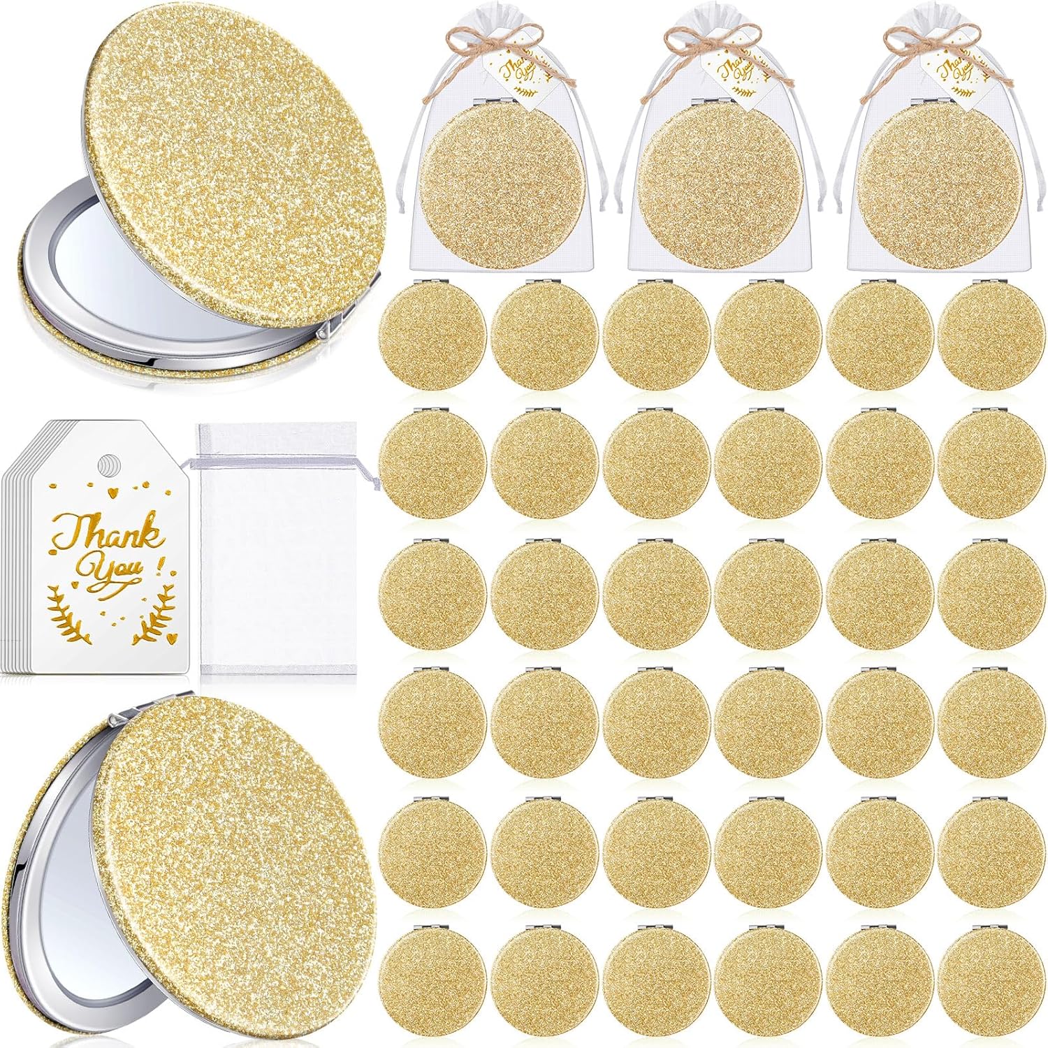 Chunful 30 Sets Compact Magnifying Mirrors Gifts with Thank You Card and Rope Quinceanera Party Favors for Guests Bridal Shower Wedding Souvenir Bridesmaids Mother's Day (Champagne)