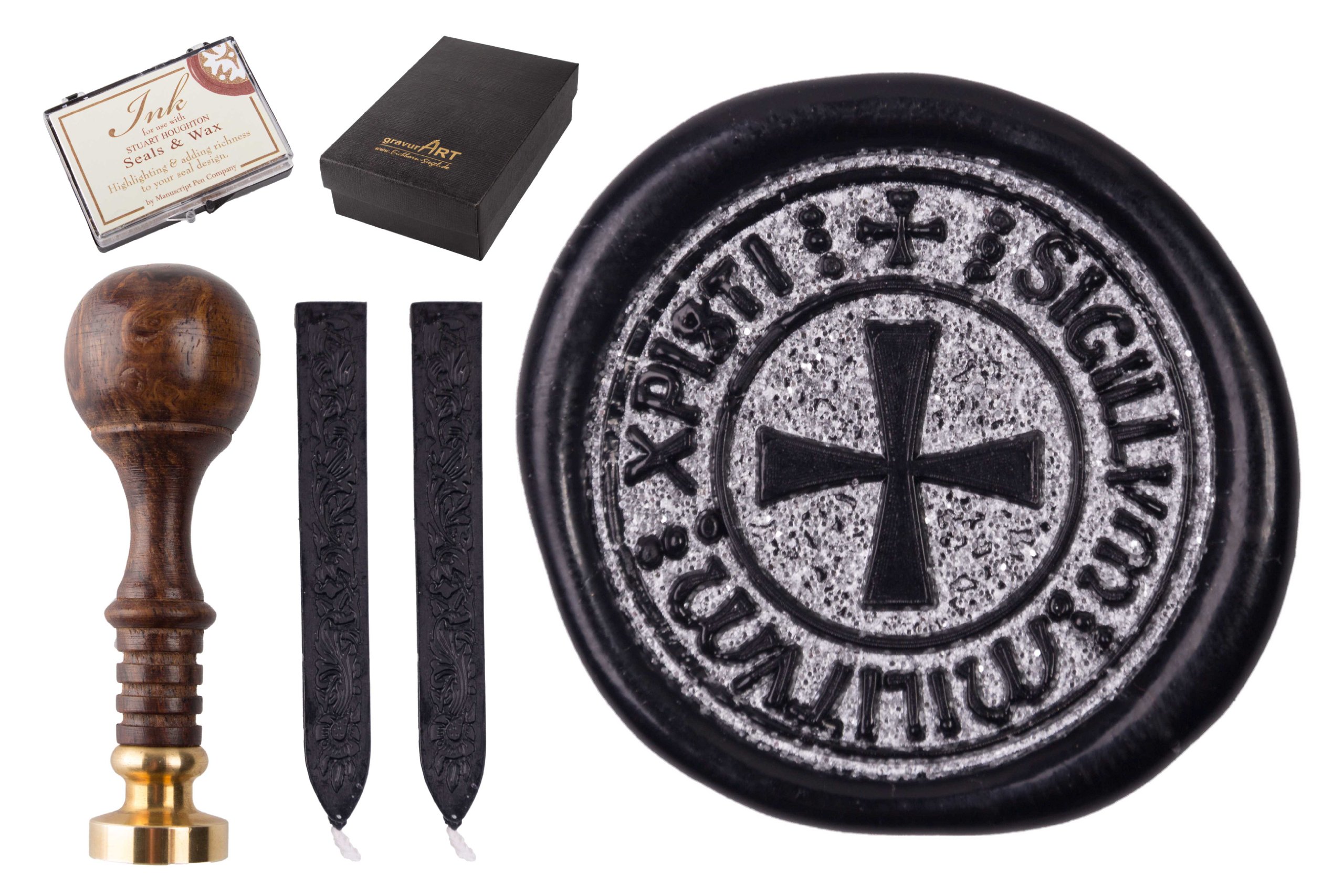 gravurART - Siegel Stempel Gravur "Tempelritter Tatzenkreuz" mit 2 Stangen Siegelwachs und Siegelkissen