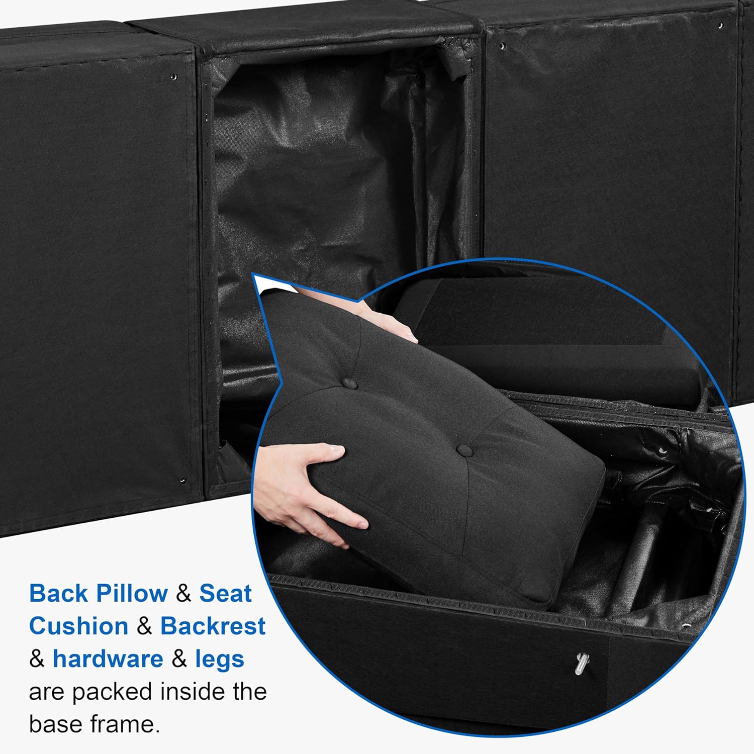 Image showing back pillow, seat cushion, backrest, hardware, and legs packed inside the base frame of the sofa