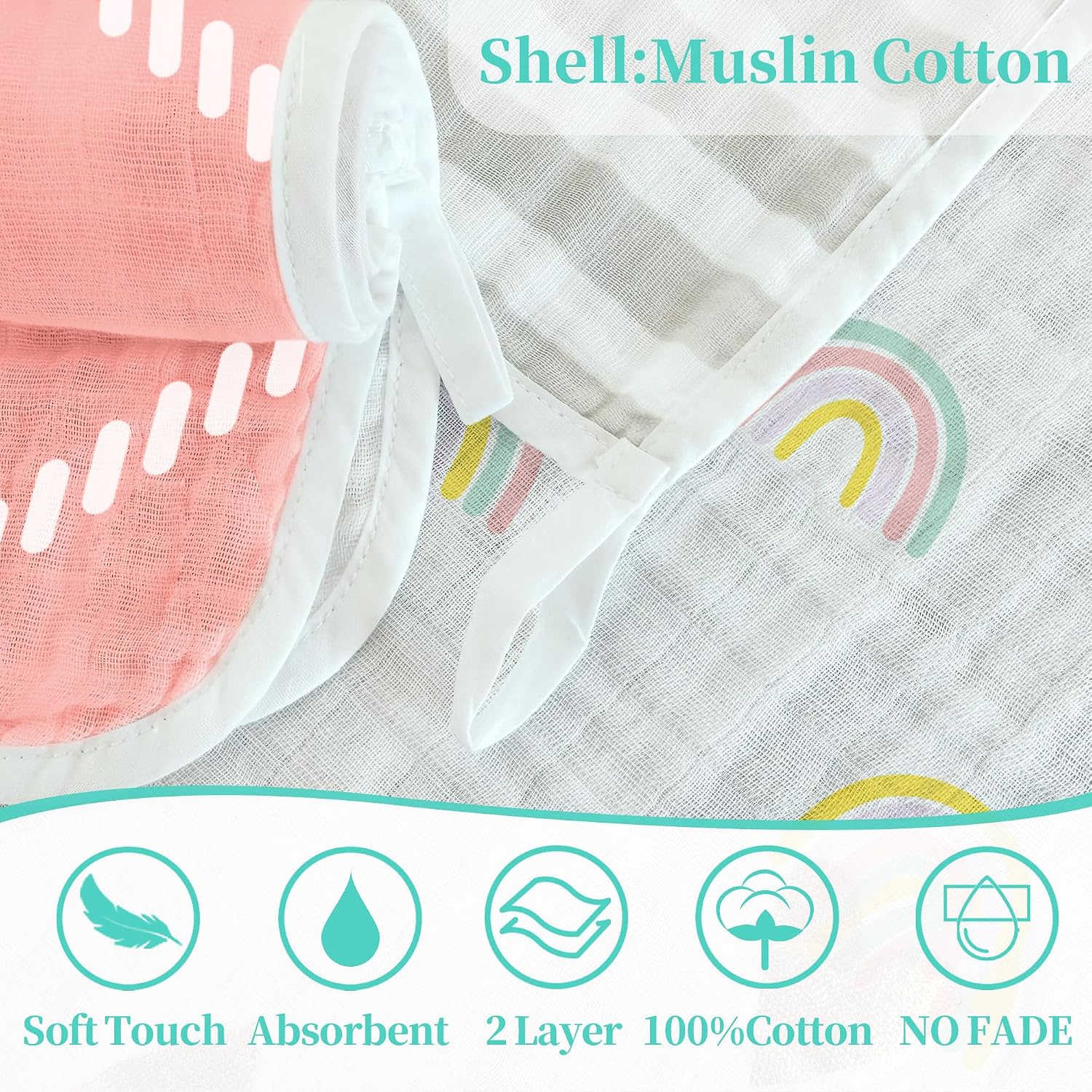 VOOVA & MOVAS 6 Pack 100% Muslin Cotton Baby Washcloths with Handing Loop | 13x13 Inches | Highly Absorbent | Ultra-Soft Newborn Burp Cloths | Perfect Set |Pink Geometry & Rainbow Patten