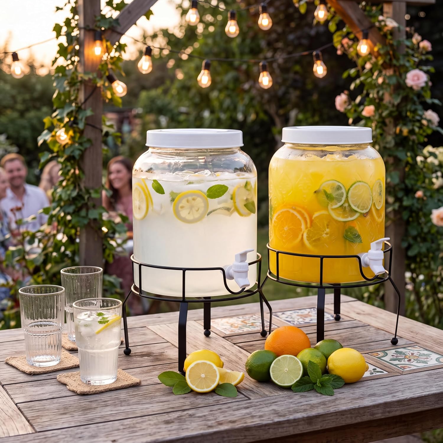 Tanlade 2 Pack 2 Gallon Plastic Drink Dispenser with Stand Beverage Dispenser with Sturdy Metal Base Juice Dispensers Drink Jar with Spigot for Weddings Parties Lemonade Tea Countertop