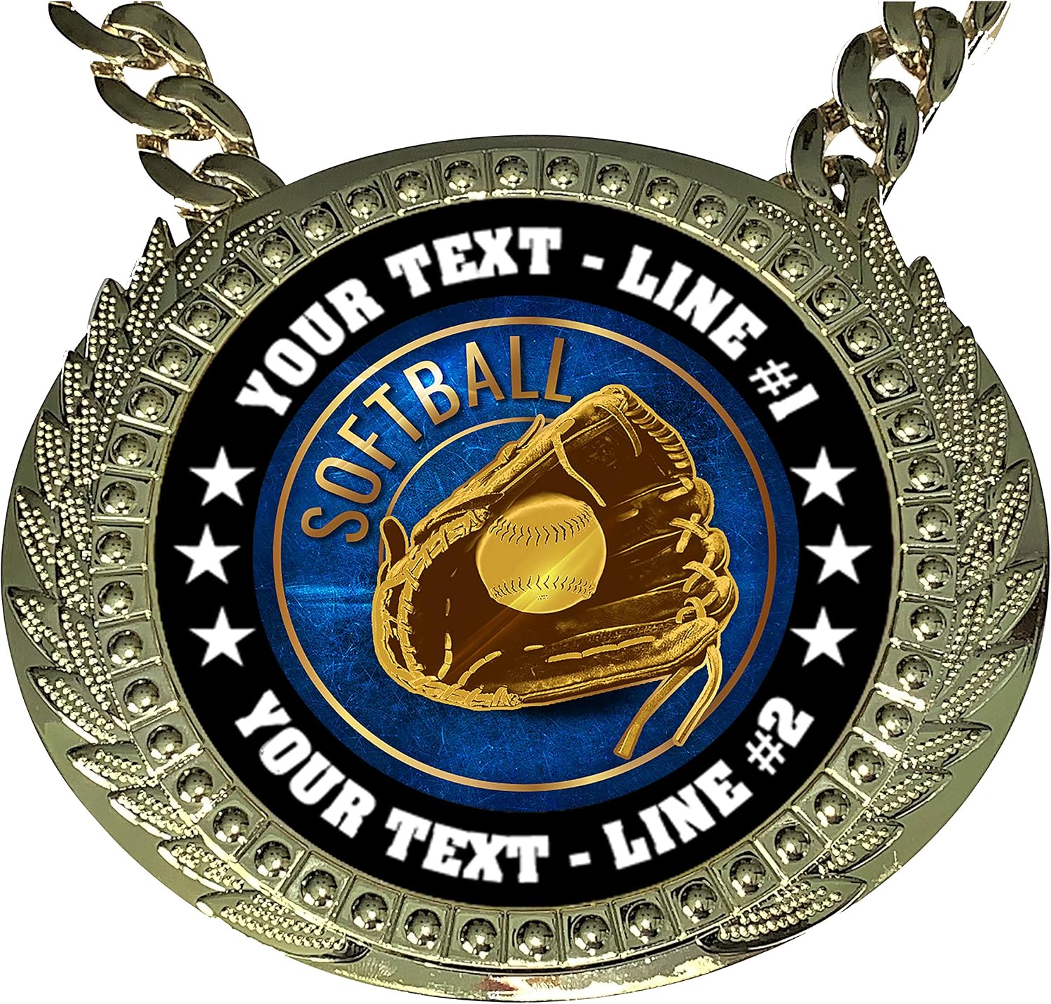 Express Medals Custom Softball Champ Chain Trophy with 2 Lines of Personalized Text on a Large Rigid Plastic Award Medal and 34 Inch Long Gold Color Neck Chain. EG48