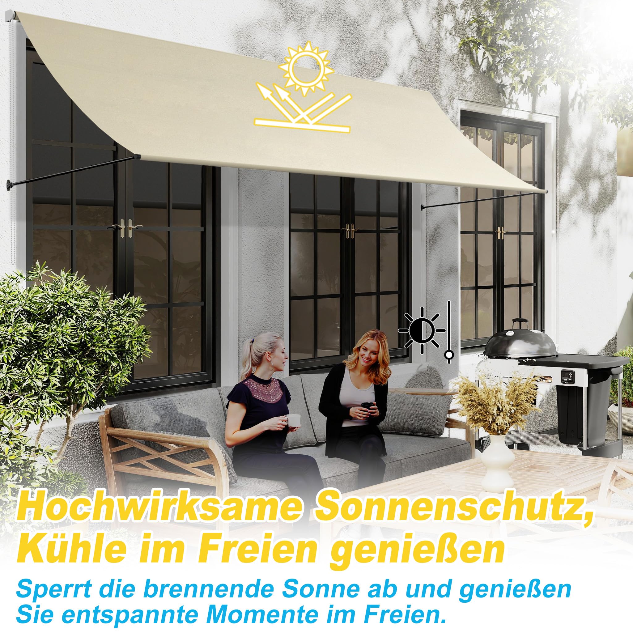 FIVMEN Toldo de brazo plegable retráctil con cordón y barra de soporte de aluminio, toldo para balcón, toldo solar, protección solar para ventanas, terraza, balcón, 300 x 145 cm, beige