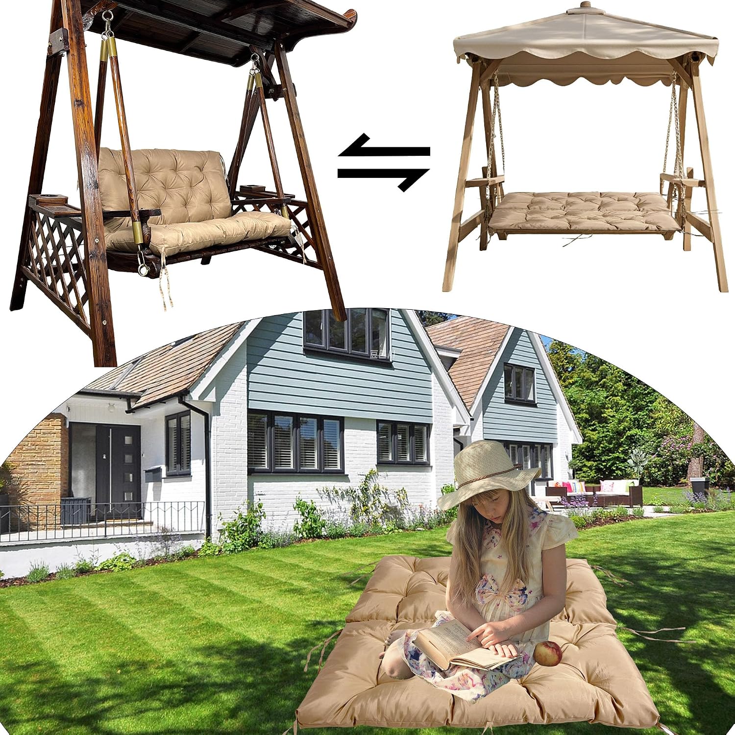 Porch Swing Cushions for Garden: Swing Replacement Cushions 2-3 Seater Waterproof Porch Bench Cushion with Ties - 4" Thick Patio Swing Cushion for Outdoor Furniture Chair Backyard