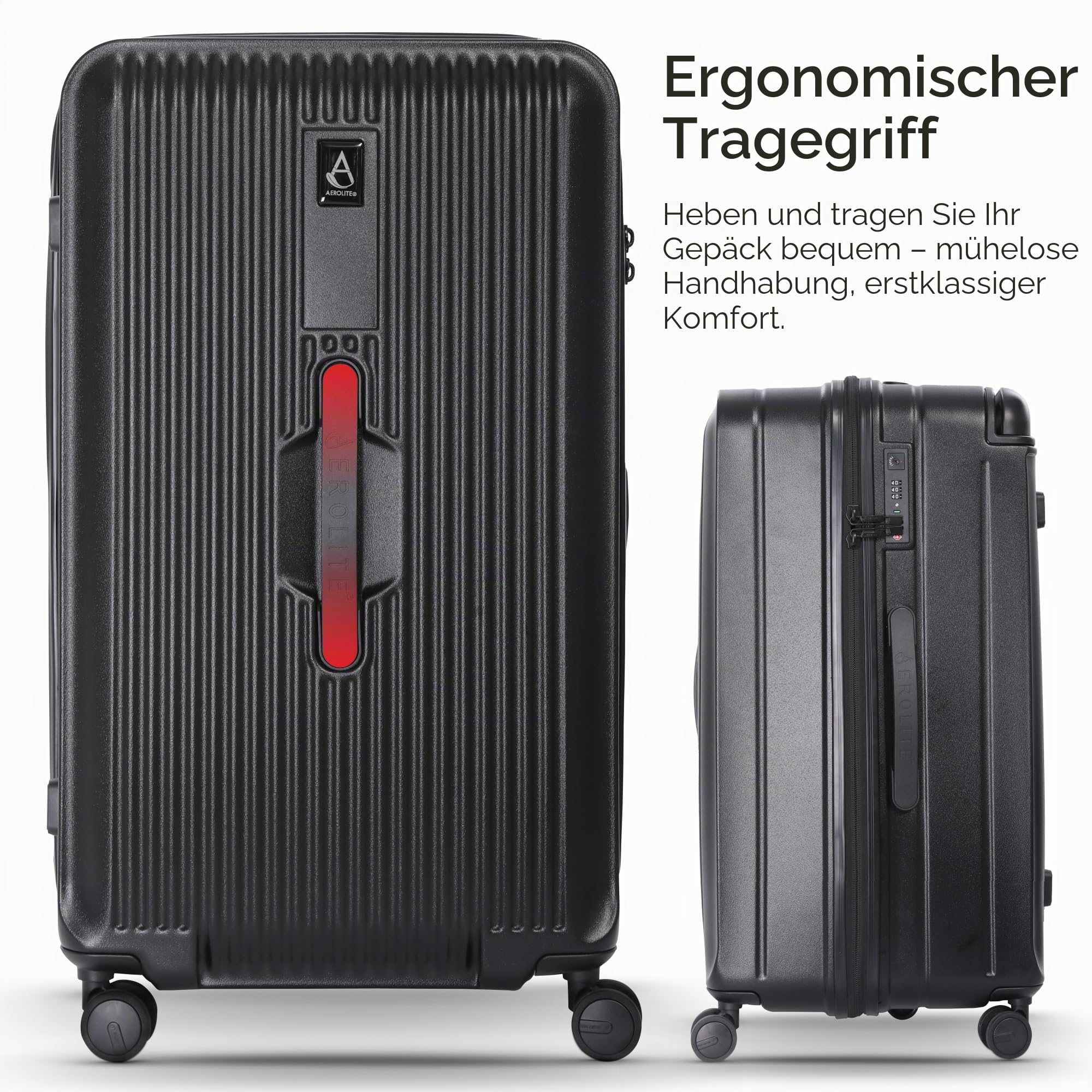 Aerolite M-Lite Großer Premium-Reisekoffer (112 l) zum Aufgeben Gepäck mit 4 + 1 leisen Rollen, Hartschale aus Polypropylen, wasserdichter Tasche, faltbaren Trennwänden und TSA-Schloss, Schwarz