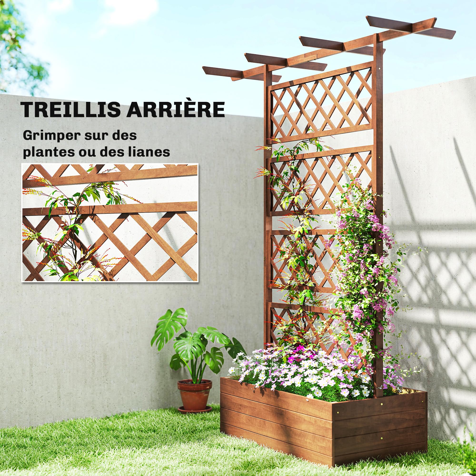 Outsunny Jardinière Surélevée avec Treillis et Barres de Toit, bac à Fleurs, lit surélevé Trous de Drainage, Tissu Non tissé, pour Plantes grimpantes, légumes, extérieur, Bois Massif, Marron