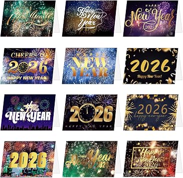 12 Sets Happy New Year Cards 2026,Black and Gold Card with Envelopes and Happy New Year Stickers for Friends,2026 Multipack Greeting Assortment for Any Recipient from The Art Group