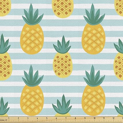 Amazon Co Jp Ambesonne パイナップル生地 ストライプにトロピカルエキゾチックなフルーツイラスト模様 装飾生地 室内装飾やホームアクセントに 2ヤード イエローティール ホーム キッチン