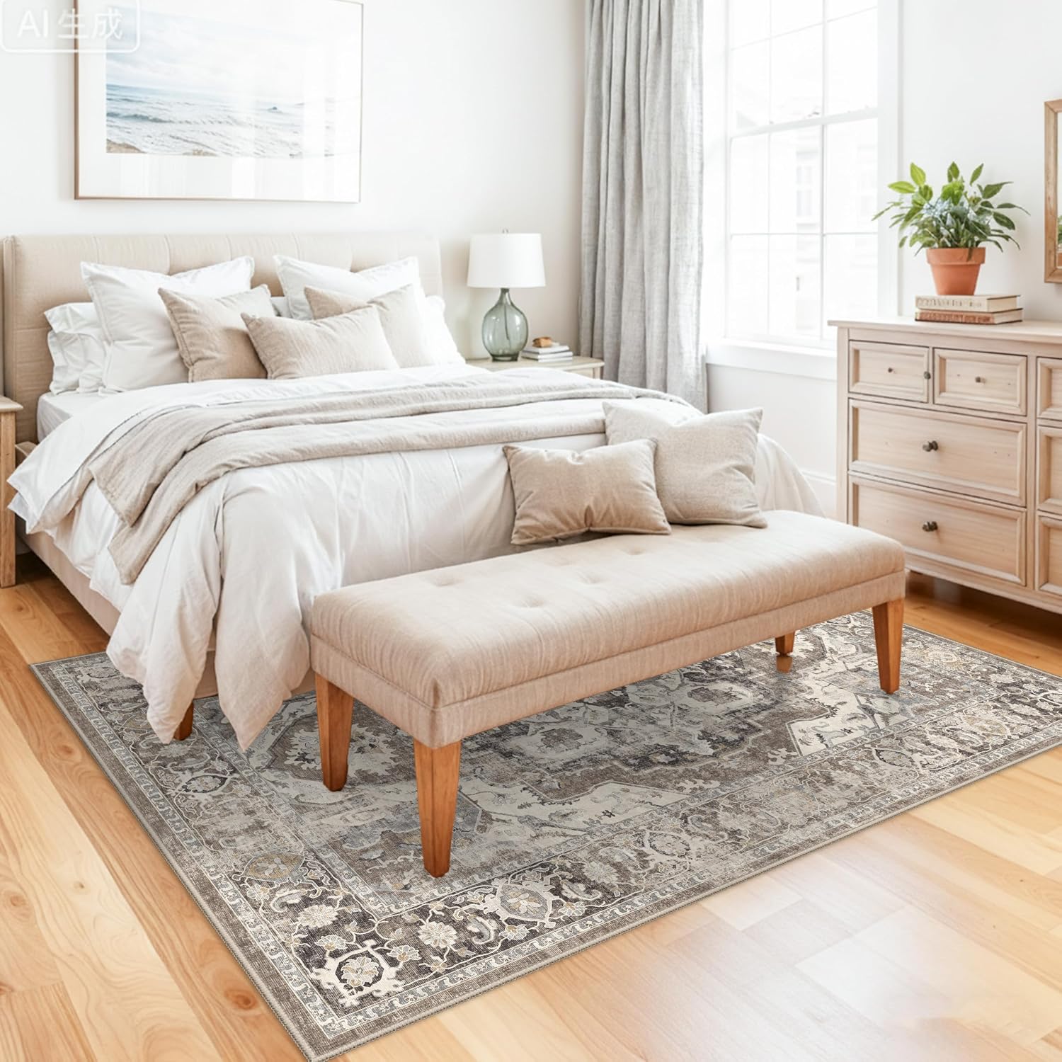 YOUFORTONG Washable 4x6 Area Rug: Vintage Soft Rugs for Kitchen Dining Room Low Pile Non-Slip Backing Carpet Ultra Thin Stain Resistant Floor Decor Mat for Living Room Bedroom (Beige/Brown/Grey, 4X6) image 4