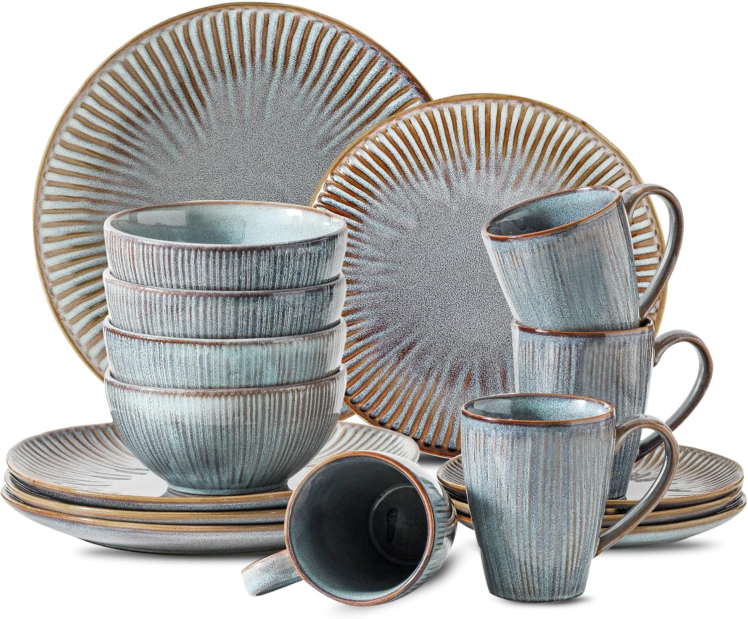 HVH Stoneware Dinnerware Sets, 16 Pieces Plates and Bowls Sets, Kitchen Dishes Set for 4, Dinner Dessert Plates, Cereal Bowls and mugs for Party and Dinner, Farmhouse Style (Wabi sabi)