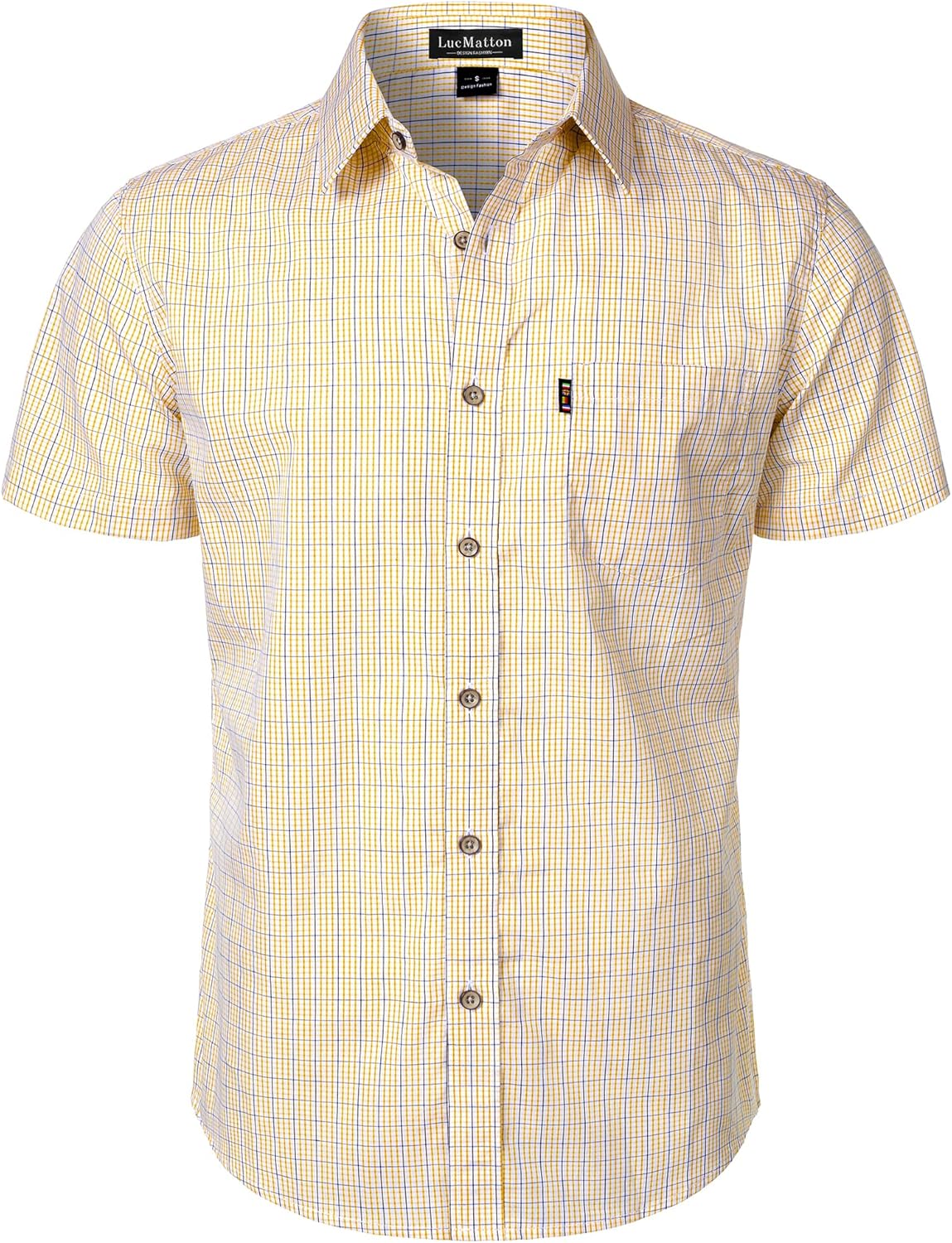LucMatton Men's Gingham Short Sleeve Button Down Shirt Cotton Regular Fit Plaid Dress Shirts with Pocket