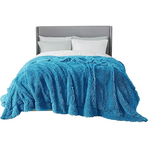 Bedsure GentleSoft Fluffy Bright Blue Blankets Queen Size for Bed, Thick Sherpa Faux Fur Fleece Fuzzy Plush Winter Warm Soft Queen Blankets, Bedroom Decor Blue Cozy Gifts for Women Men, 90x90