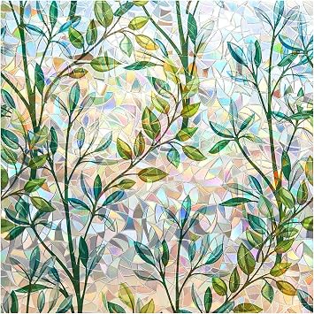 FINNEZ Window Film - Self-adhesive Static Film, Colorful Opaque Privacy Film, Anti-UV Rainbow Optics with Small Grass Motif, Decorative Film for Living Room Kitchen Office,44.5 x 200cm